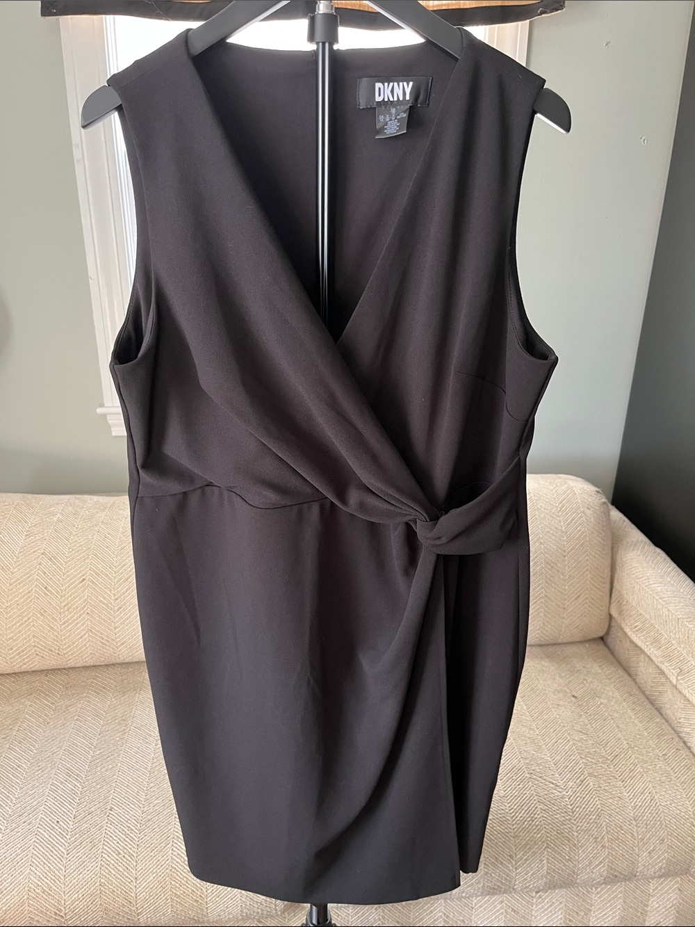 DKNY Black Faux-Wrap Midi Dress with Side Knot
